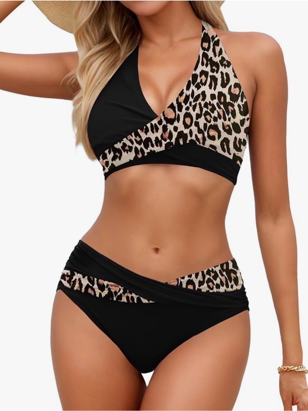 Sopliagon Twist Front Leopard Contrast Black Halter Bikini Set Sz Large NWT